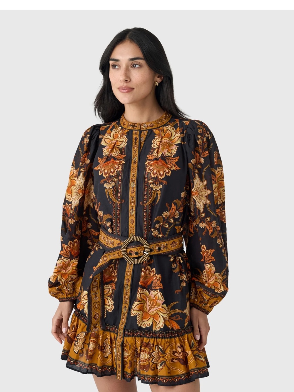 Farm Rio Black Majestic Garden Beaded Buckle Long Sleeve Mini Dress NWT